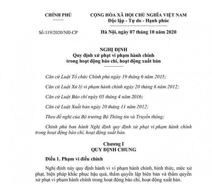 Nghị định số 119/2020/NĐ-CP về xử phạt vi phạm hành chính trong hoạt động báo chí, xuất bản có hiệu lực