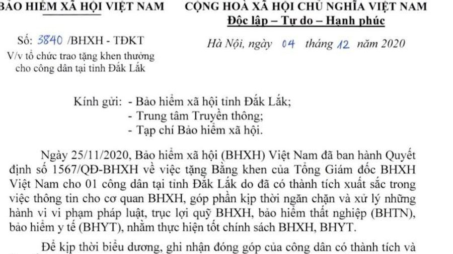 Khen thưởng cho công dân tỉnh Đắk Lắk giúp ngăn chặn trục lợi bảo hiểm xã hội
