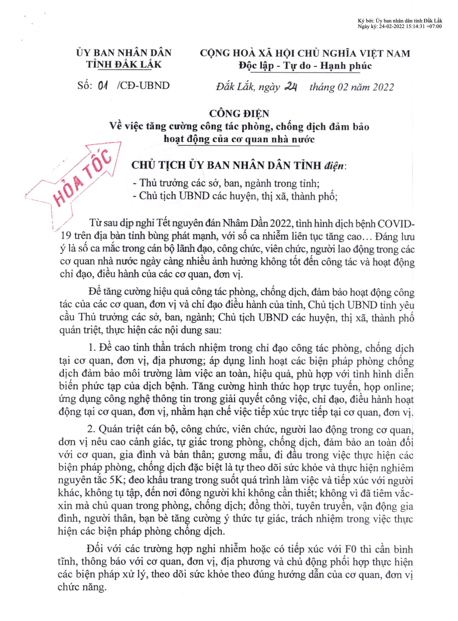 Chủ tịch UBND tỉnh gửi Công điện về việc tăng cường công tác phòng, chống dịch đảm bảo hoạt động của cơ quan nhà nước