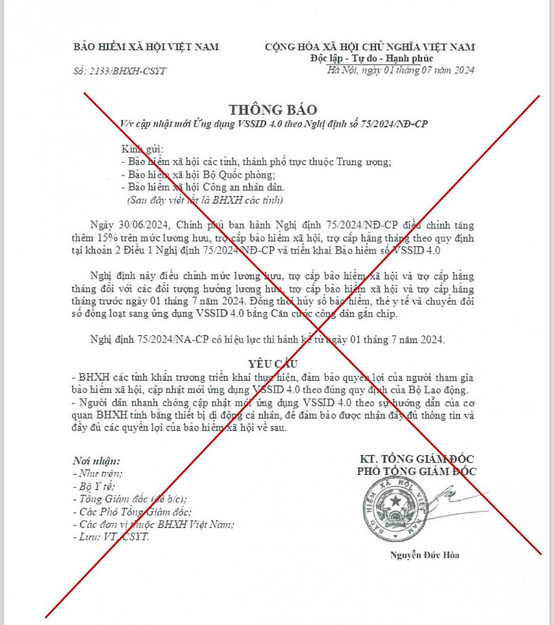 Cảnh báo giả mạo văn bản cập nhật mới ứng dụng VssID 4.0 để đánh cắp thông tin về bảo hiểm xã hội