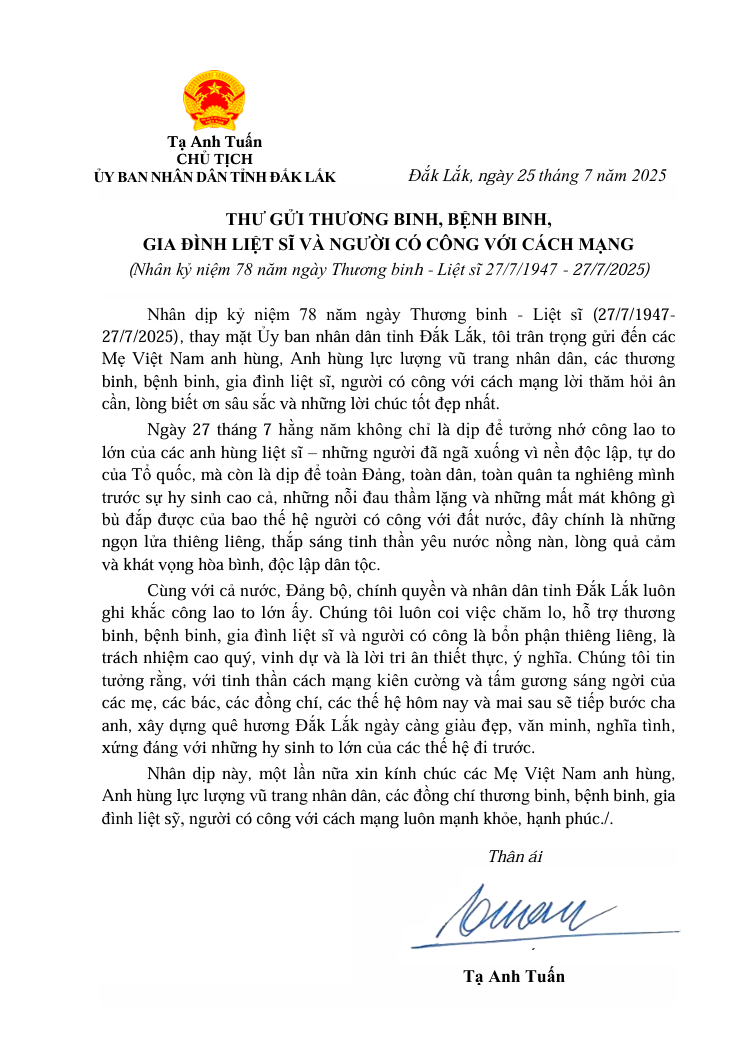 Thư của Chủ tịch UBND tỉnh Đắk Lắk gửi các thương binh, bệnh binh, gia đình liệt sĩ và người có công với cách mạng nhân kỷ niệm 78 năm Ngày Thương binh - Liệt sĩ