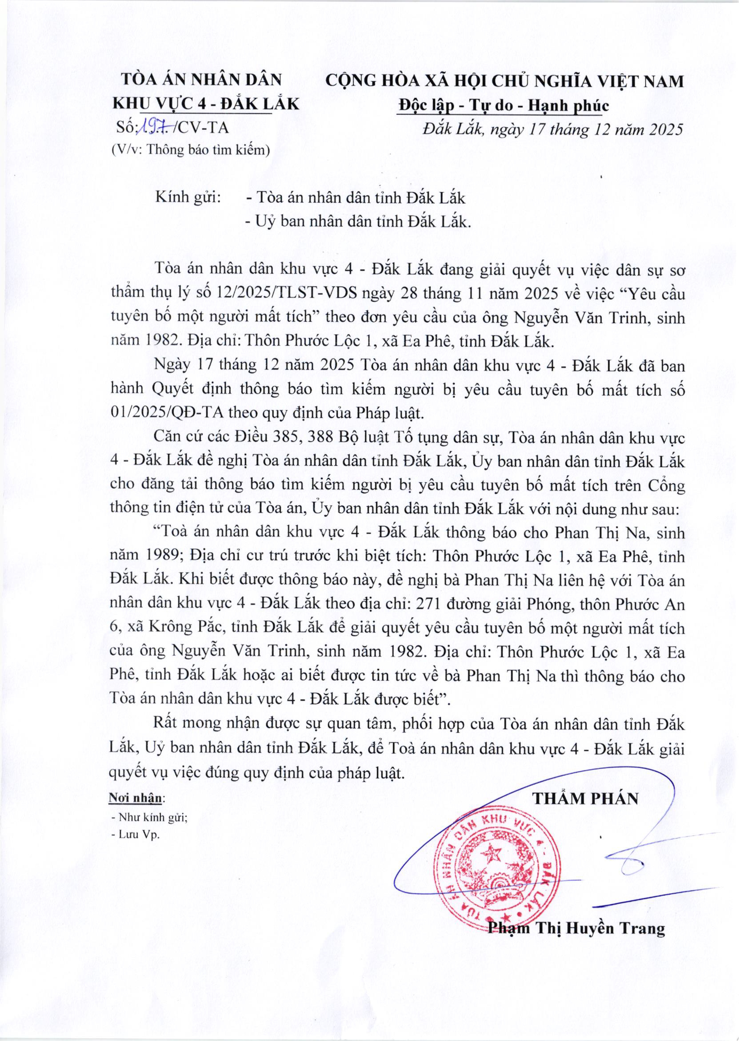 Tòa án nhân dân Khu vực 4 - Đắk Lắk Thông báo tìm kiếm