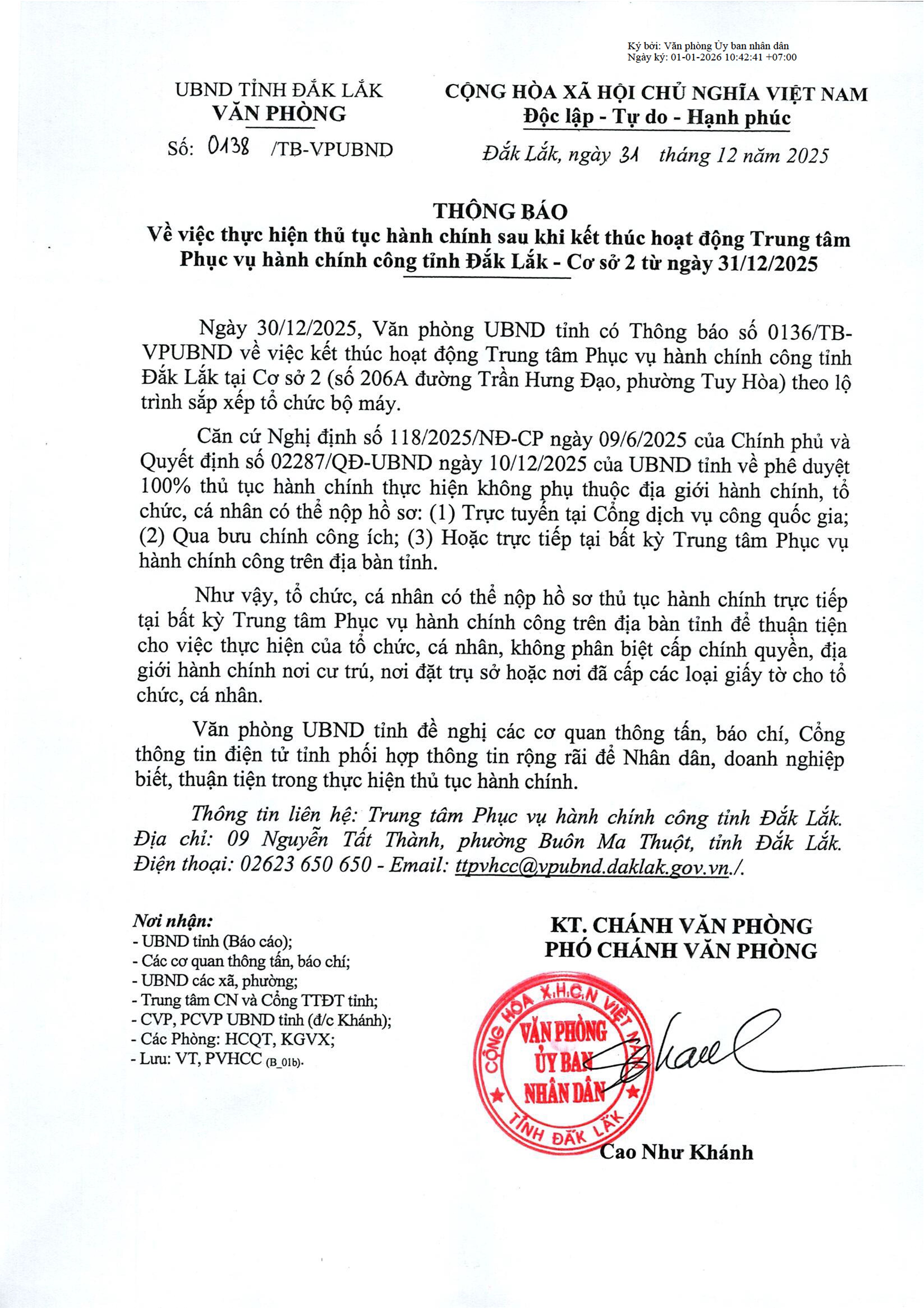 Thông báo về việc thực hiện thủ tục hành chính sau khi kết thúc hoạt động Trung tâm Phục vụ hành chính công tỉnh Đắk Lắk - Cơ sở 2 từ ngày 31/12/2025