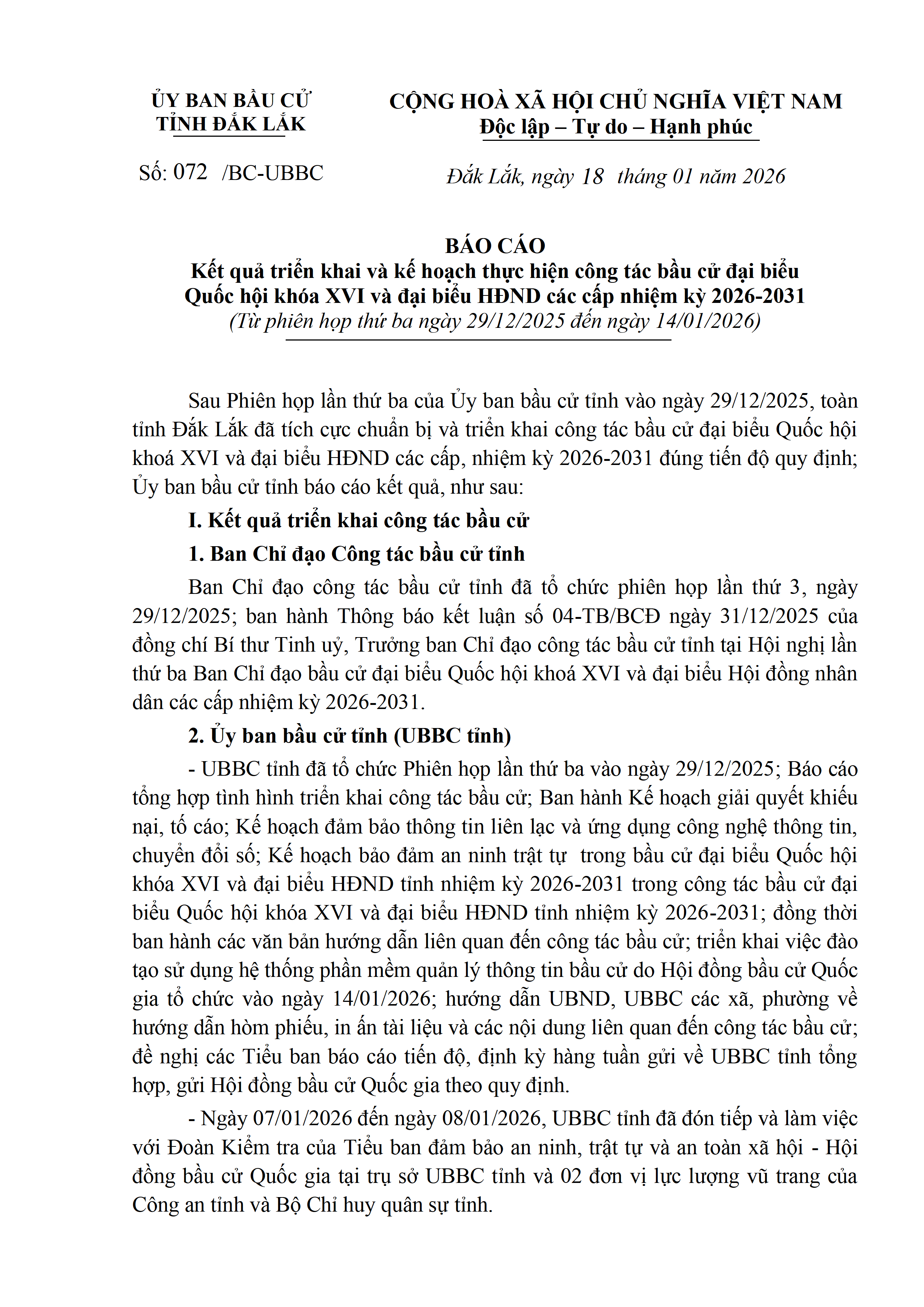 Báo cáo kết quả triển khai và kế hoạch thực hiện công tác bầu cử của UBBC tỉnh (Từ phiên họp thứ ba ngày 29/12/2025 đến ngày 14/01/2026