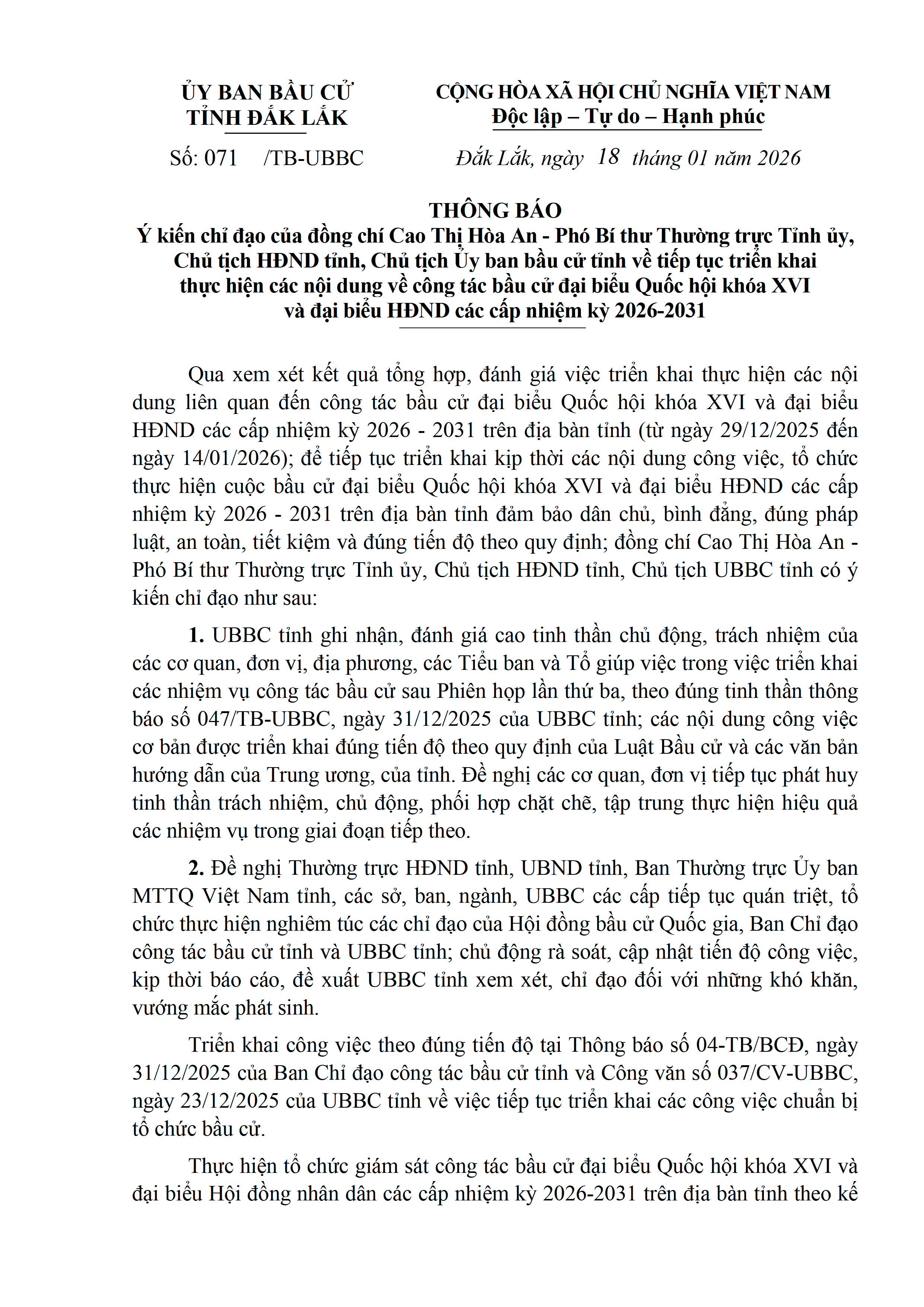 Thông báo ý kiến chỉ đạo của đồng chí Cao Thị Hòa An - Chủ tịch UBBC tỉnh tiếp tục triển khai thực hiện các nội dung về công tác bầu cử (lần thứ 4)